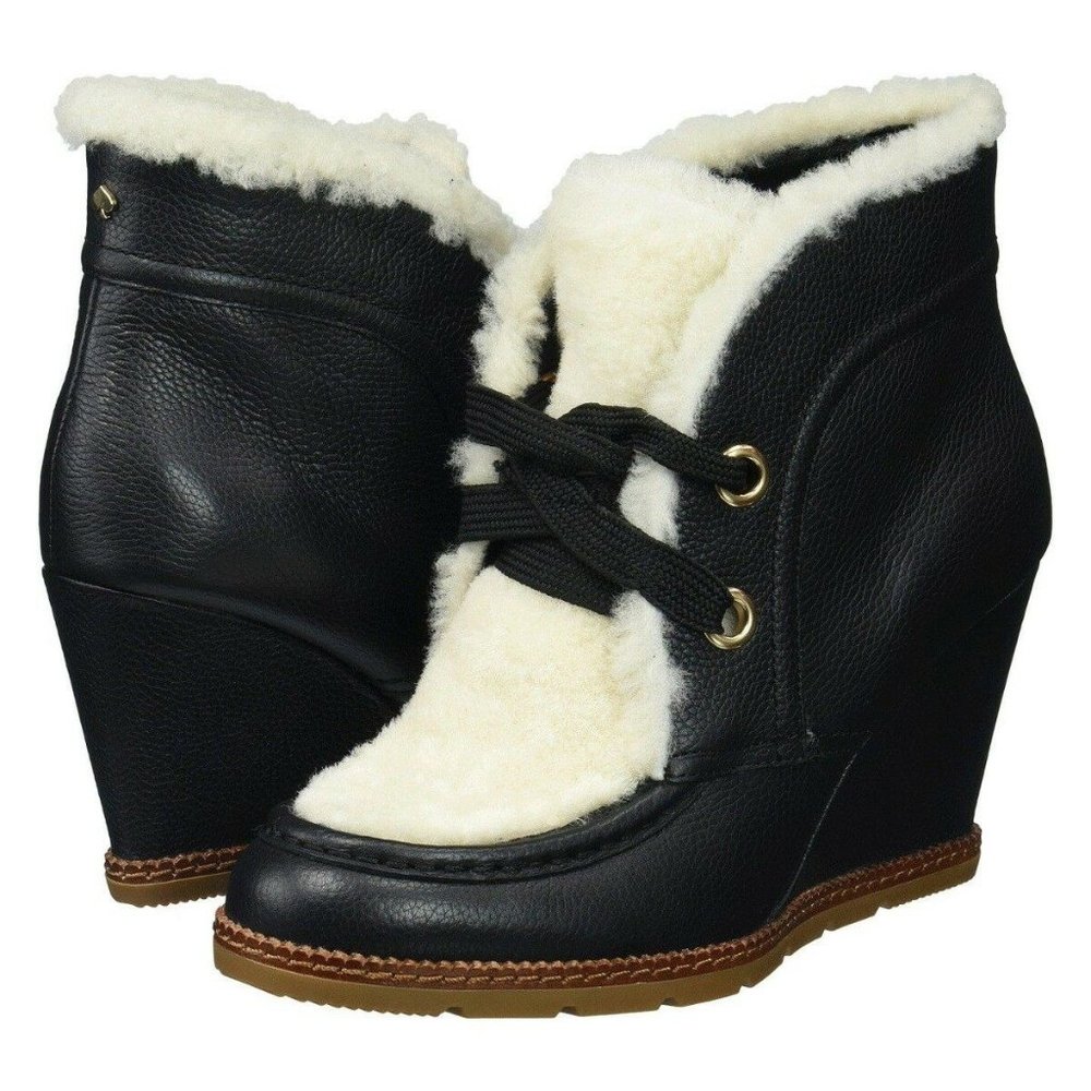 KATE SPADE NY SANDY BLACK LEATHER SHEARLING ANKLE BOOTS BLACK WEDGES SZ 9 *NEW